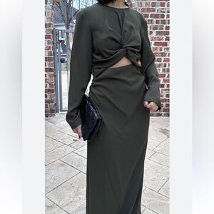 ZARA LONG SLEEVE CREW NECK KNOTTED CHEST KHAKI COLLECTION CUT-OUT MIDI DRESS S